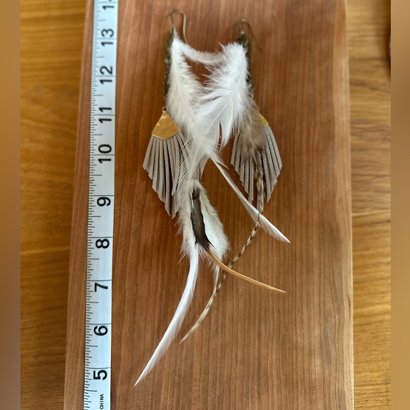 Suede Fringe Arrow Feather Antique Brass Bohemian Statement Earrings - Picture 3 of 11